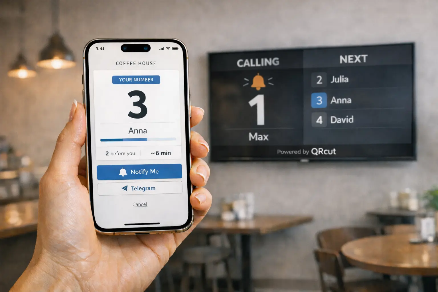 Приложение QRcut с позицией в очереди на смартфоне и TV-табло в кафе